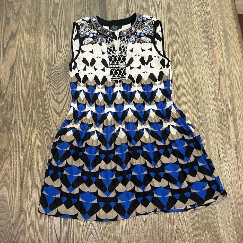 Alfani Dress Mini Geometric Print Sleeveless V Neck Beaded Blue Black Size 12P